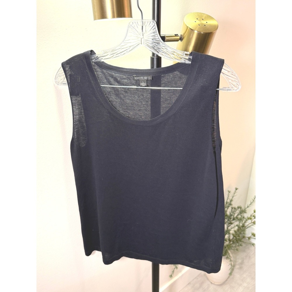 Lafayette 148‎ New York Navy Blue 100% Cotton Knit Tank Top Scoop Neck Large